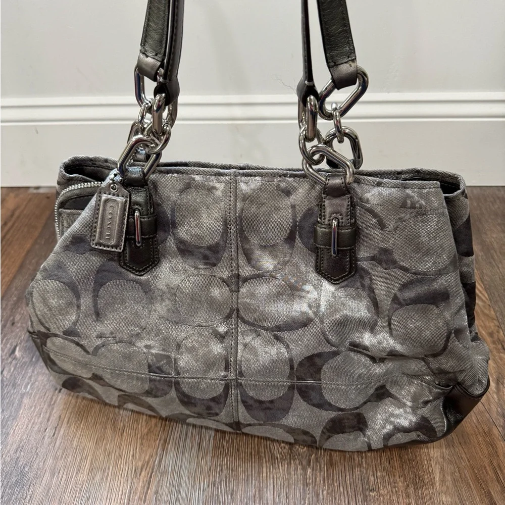 Coach Signature Metallic Silver & Gray Jacquard Shoulder Bag - Picture 3 of 8